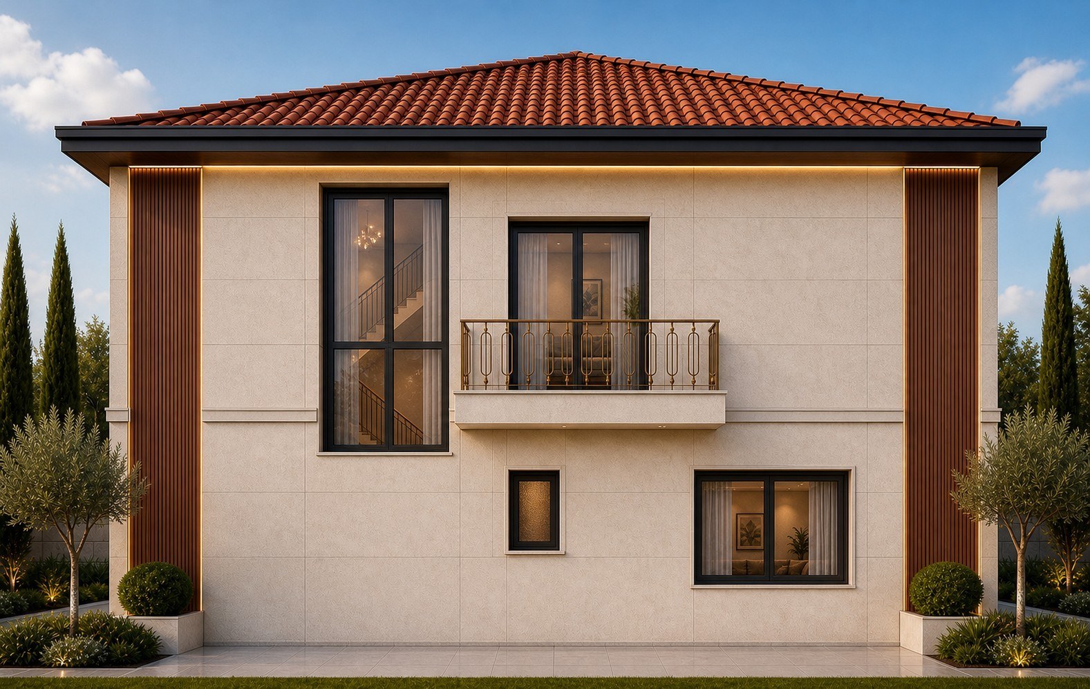 Körkün Villa merdiven galerisi ve balkon açıklıklarının yer aldığı arka cephe