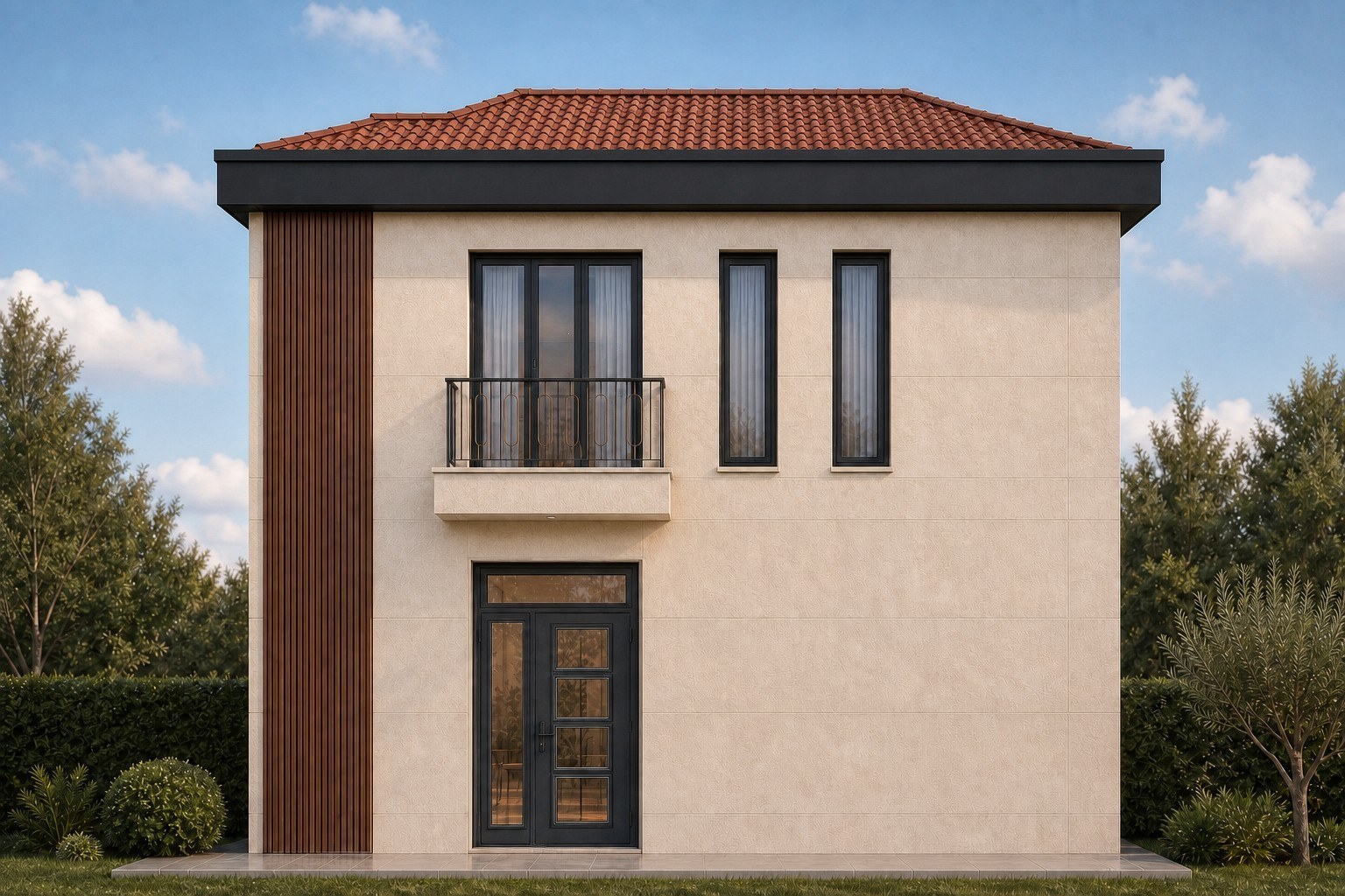 Körkün Villa giriş kapısı, balkon ve düşey ahşap vurgulu yan cephe